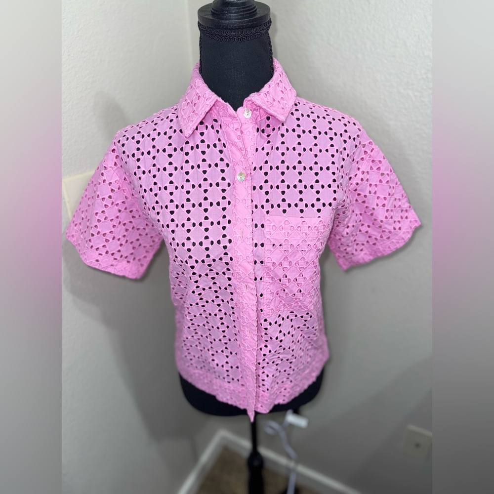 Marled Valentines Cottagecore Pink Eyelet‎ Button Down 100% Cotton shirt- XS